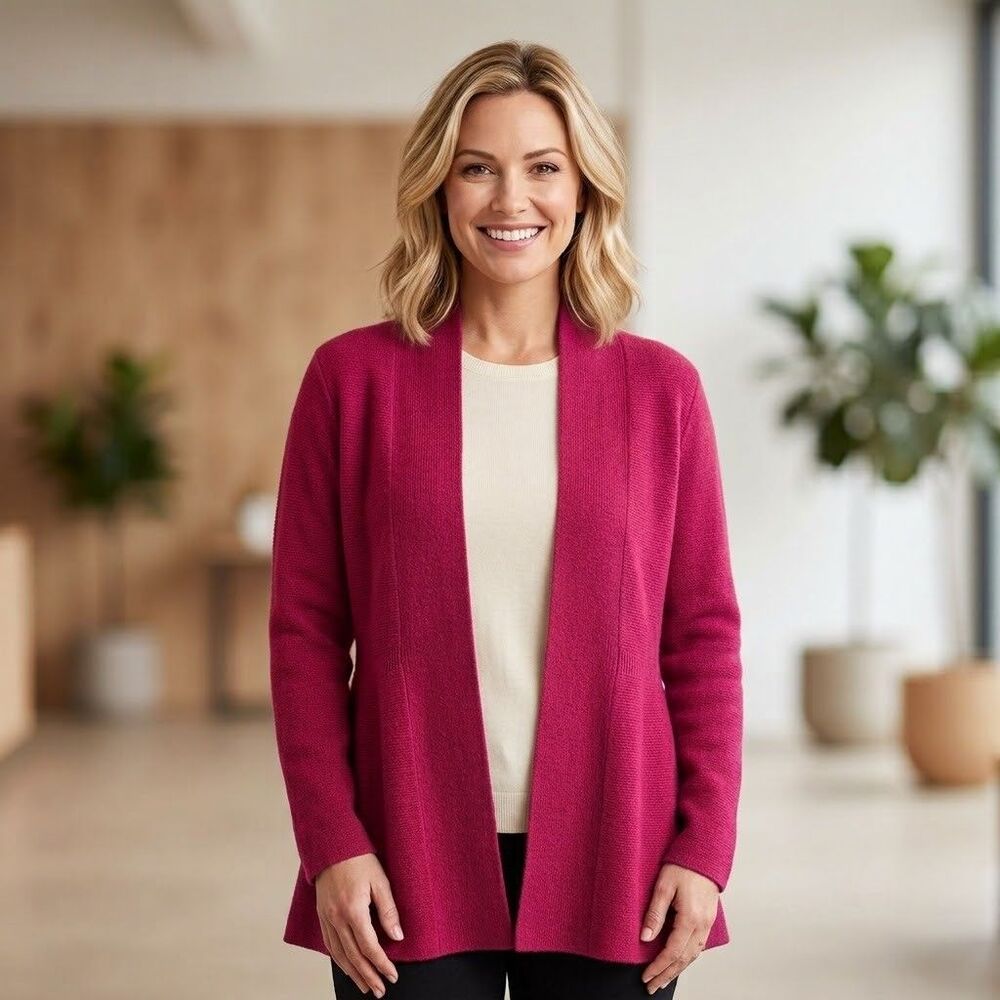 Eileen Fisher Sz PL Cardigan Sweater 100% Wool Italian Yarn Fuchsia pink